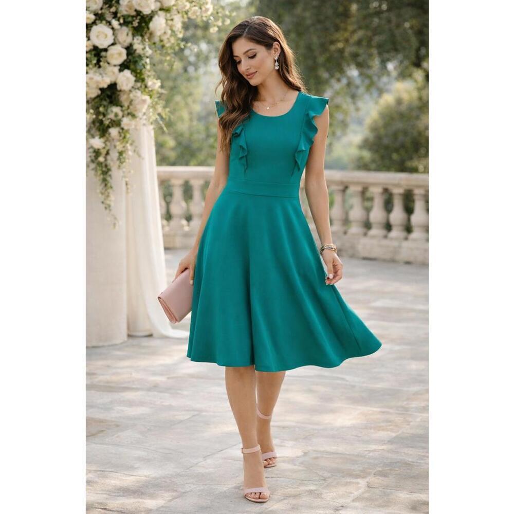 Yathon Ruffle Fit Flare Dress Stretch Crepe Teal Small Elegant Chic - Picture 9 of 9